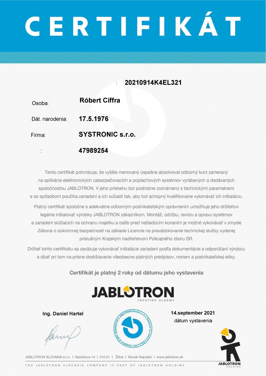 Certifikát Jablotron