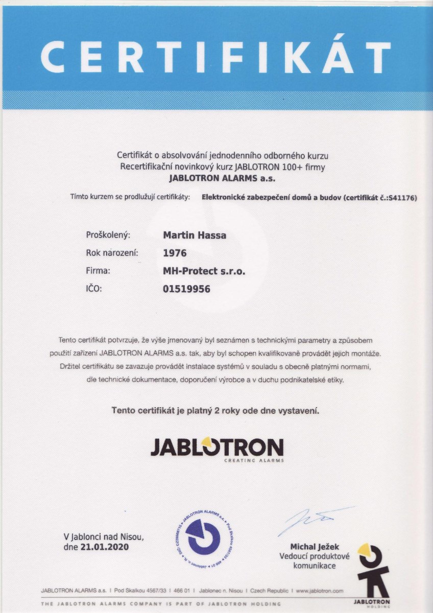 Certifikát jablotron 100+