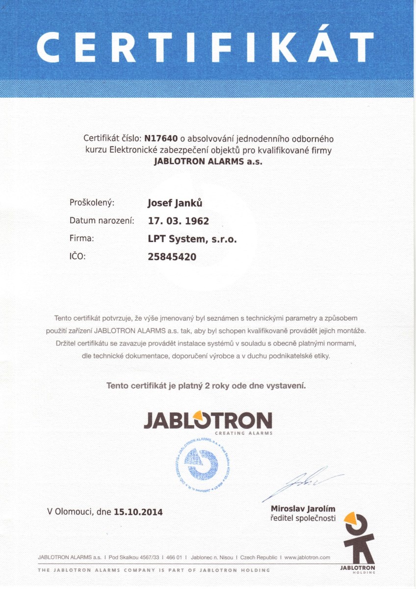 certifikát Jablotron