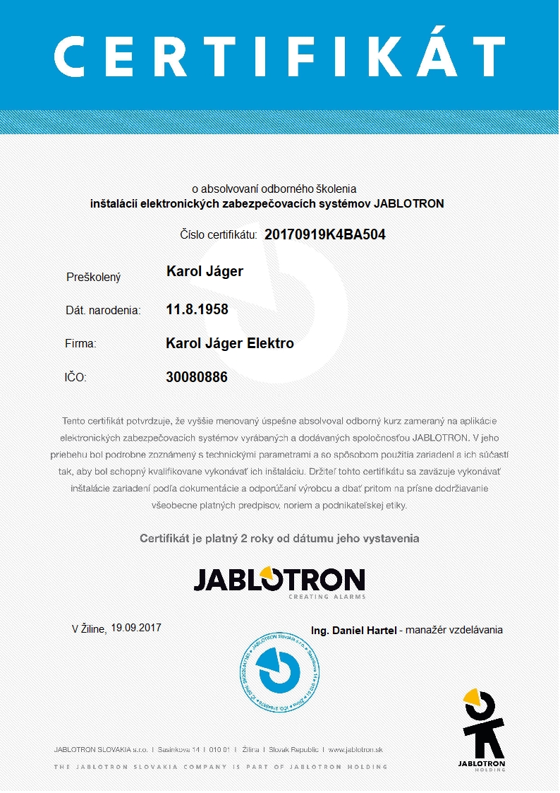 Certifikát Jáger