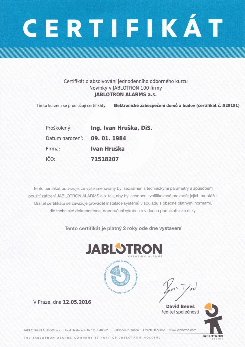 certifikát Jablotron