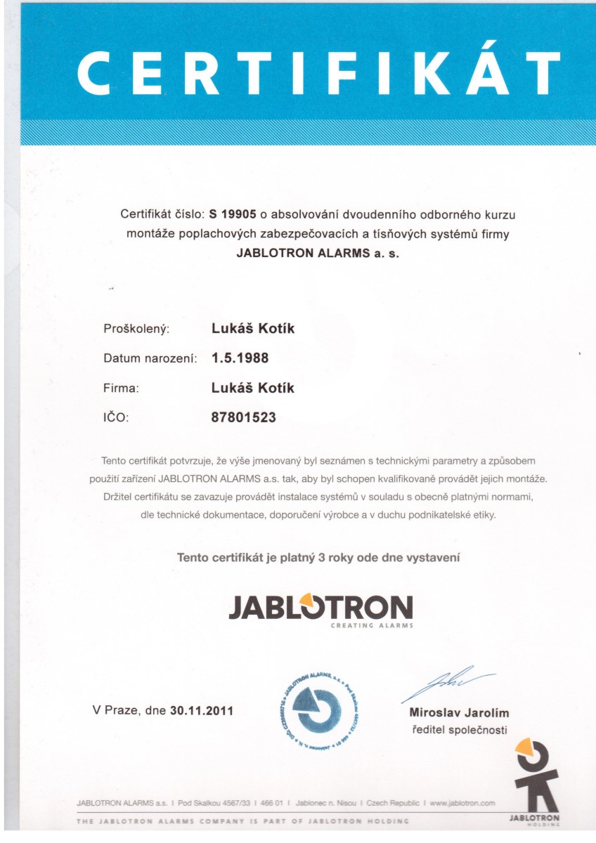 certifikát Jablotron