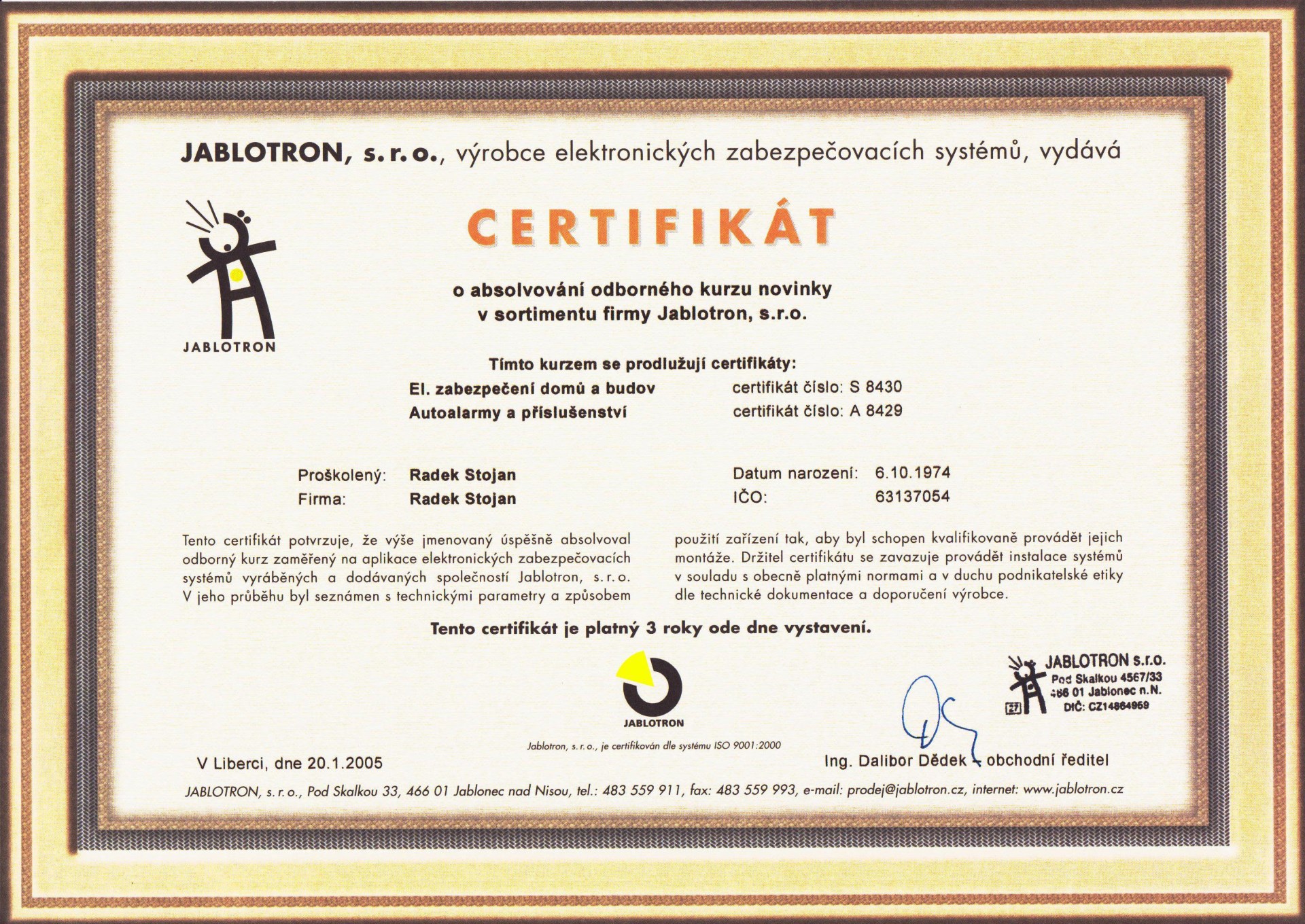 Certifiát Jablotron