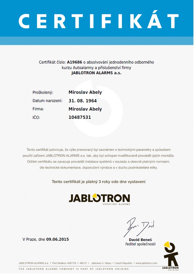 certifikát Jablotron