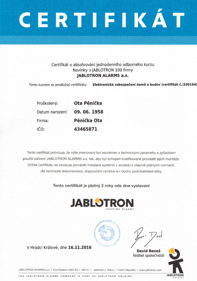 certifikát jablotron