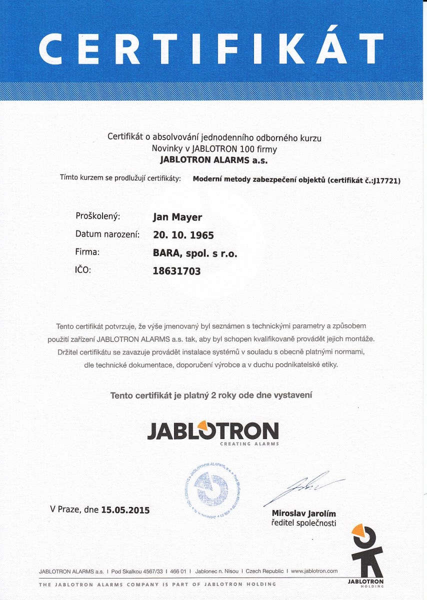 Certifikáty Jablotron - Müller Jiří