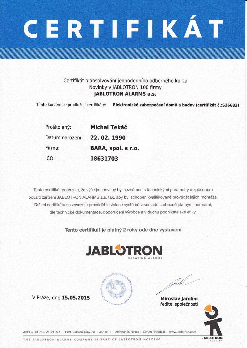 Certifikáty Jablotron - Müller Jiří